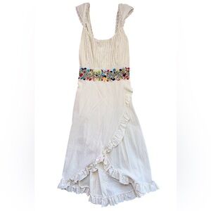 White Hand Made Linen Dress with Colorful Embroidered Waist